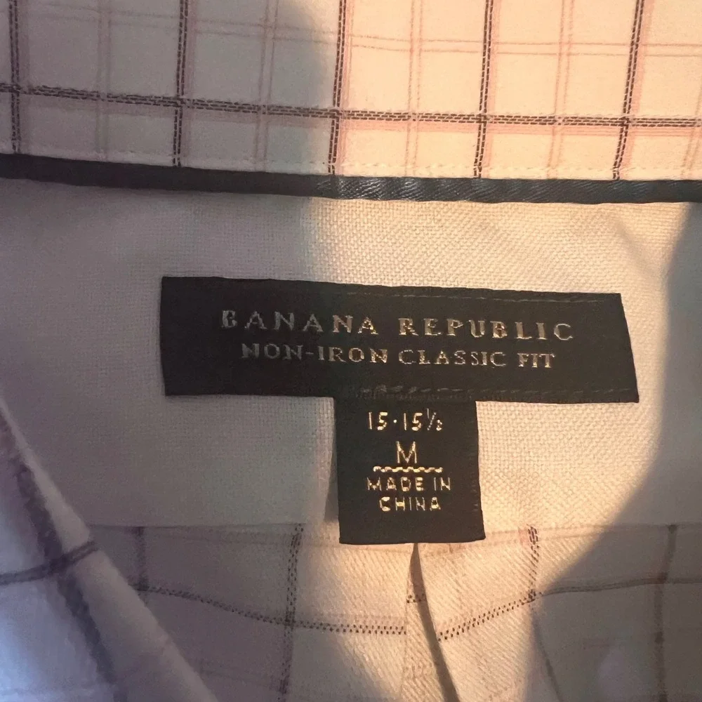 Banana Republic Non Iron Classic‎ Fit Men's Dress Shirt White Pink Grid Check M